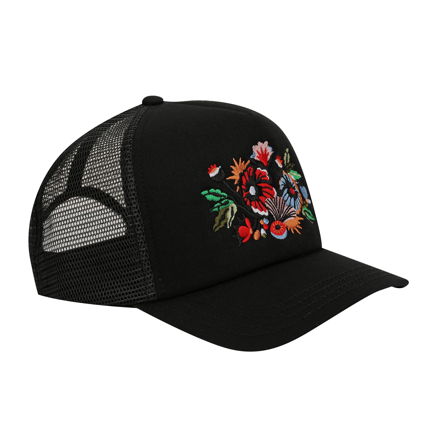 Floral Artwork Trucker Cap – Black Mesh
