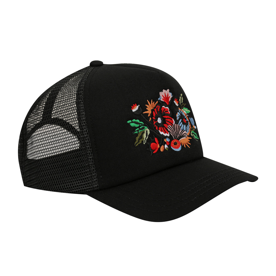 Floral Artwork Trucker Cap – Black Mesh