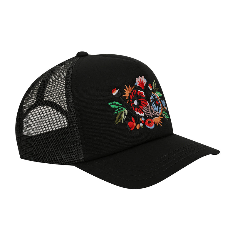 Floral Artwork Trucker Cap – Black Mesh