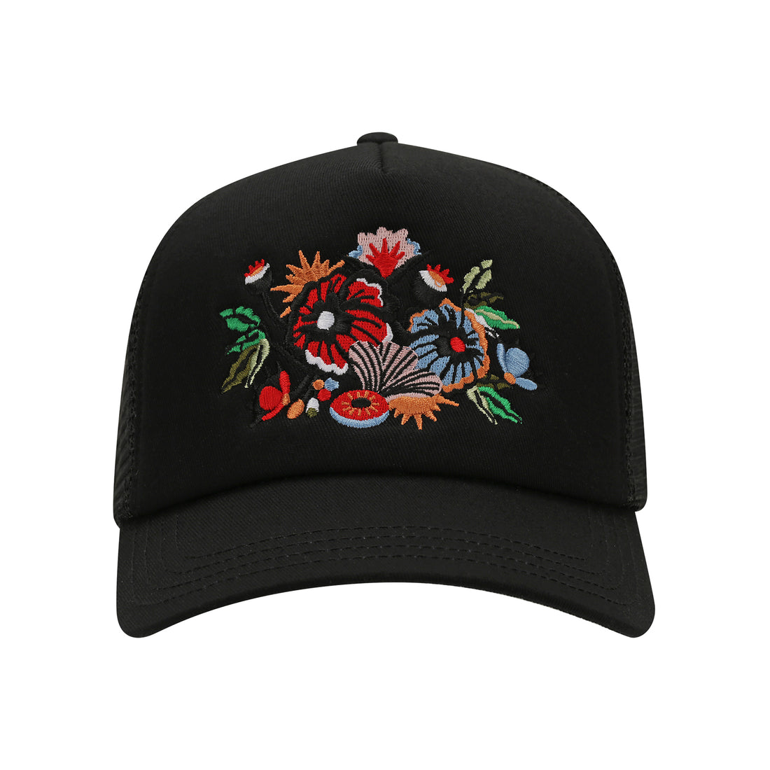 Floral Artwork Trucker Cap – Black Mesh