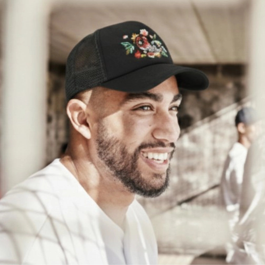 Floral Artwork Trucker Cap – Black Mesh by AREE Apparel Australian Streetwear Brand