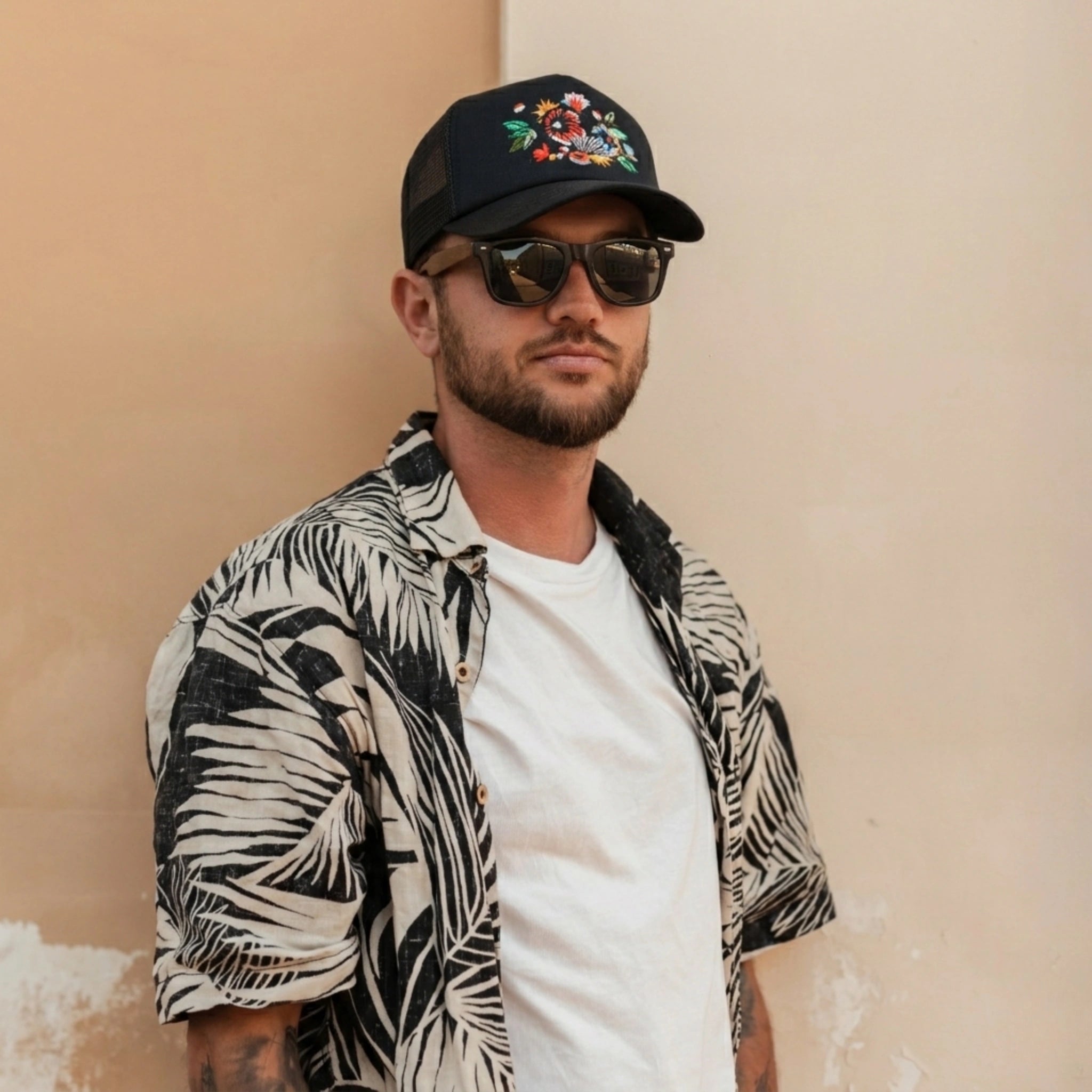 Floral Artwork Trucker Cap – Black Mesh
