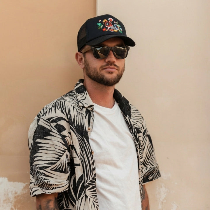 Floral Artwork Trucker Cap – Black Mesh