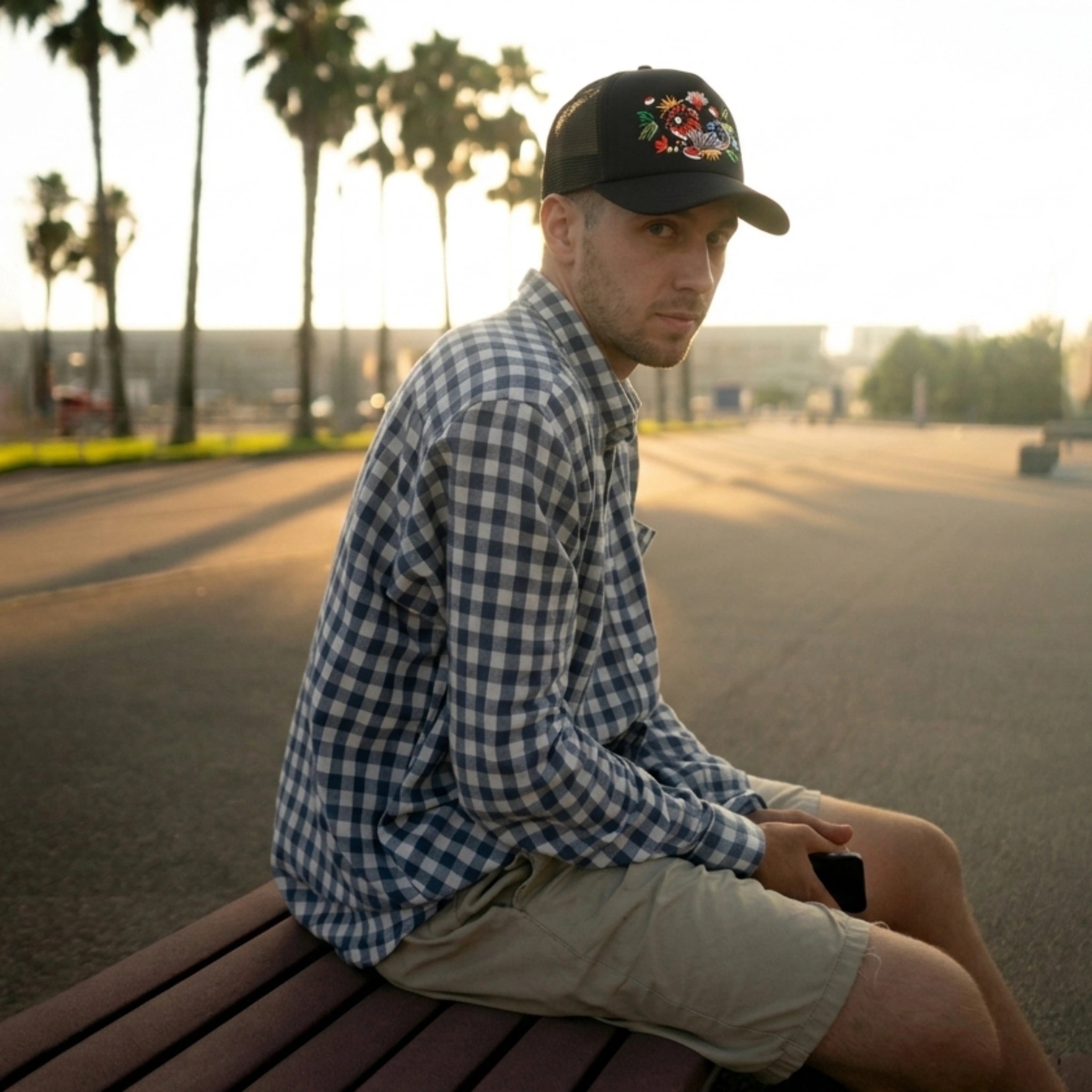 Floral Artwork Trucker Cap – Black Mesh