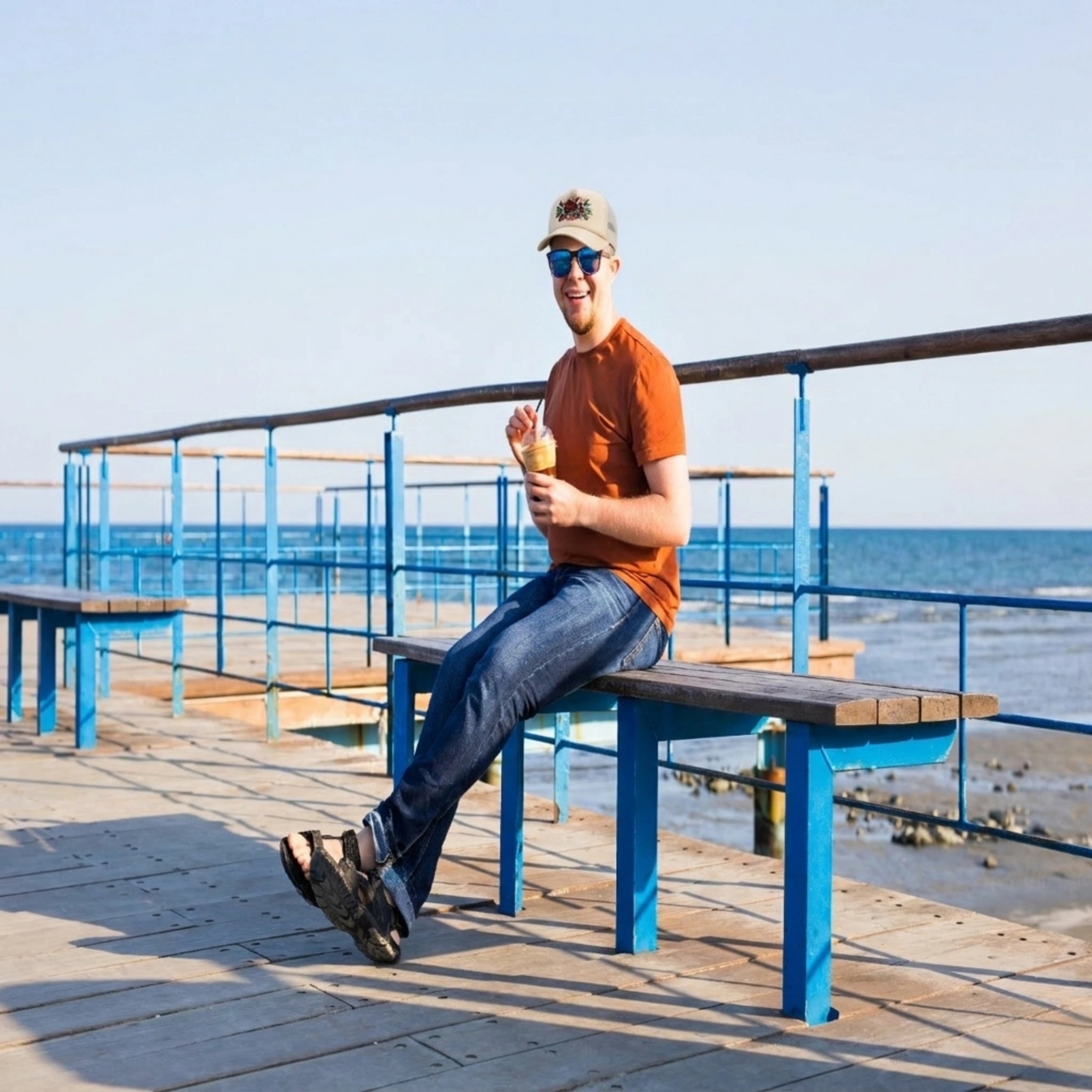 Man sitting on a bench and wearing Floral Artwork Trucker Cap (Jet Stream) By AREE Apparel Australia