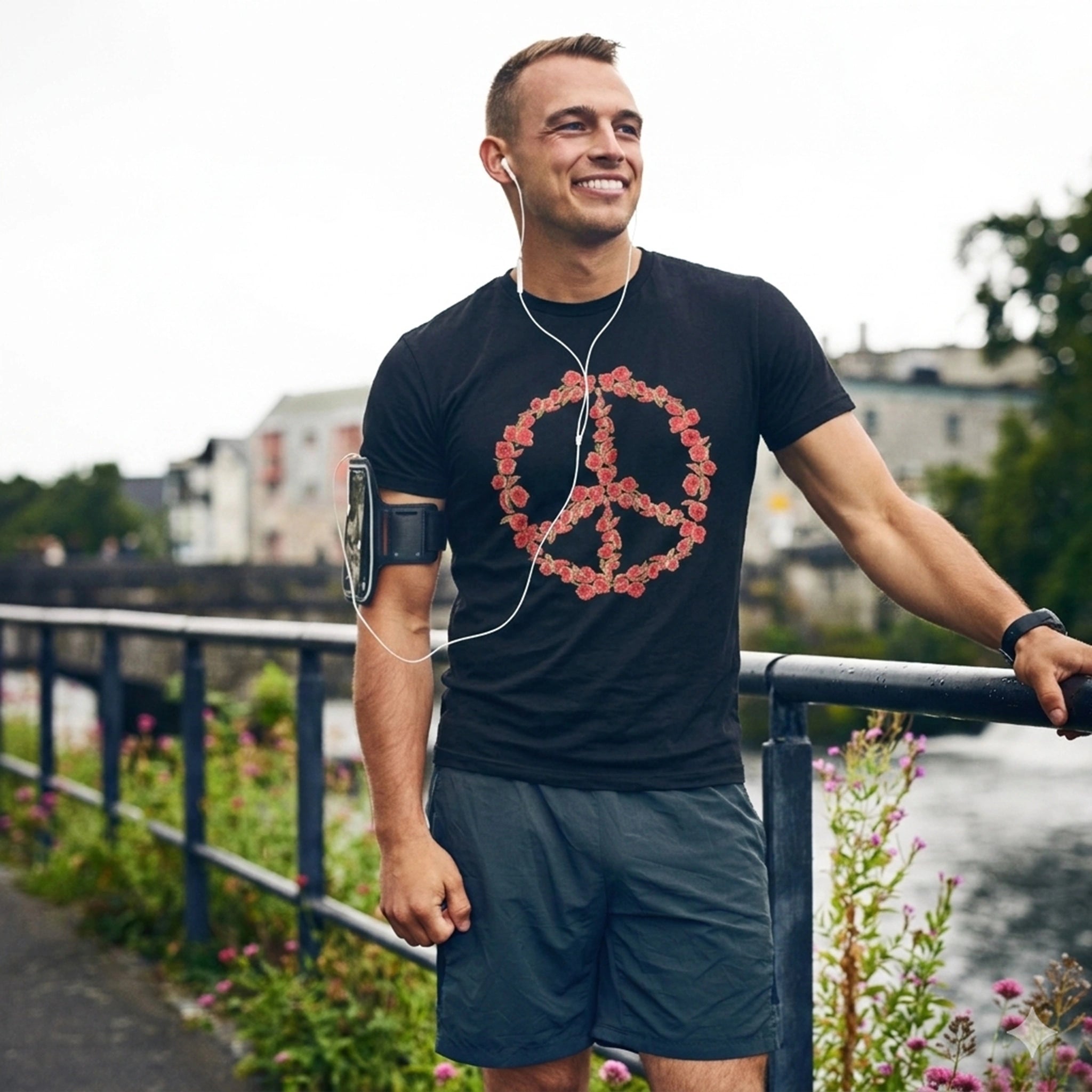Man Wearing Floral Peace Emblem Tee By AREE Apparel Streetwear Style In Australia