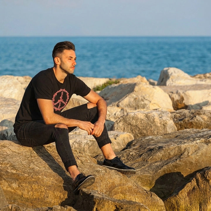 Man Wearing Floral Peace Emblem Tee by AREE Apparel Streetwear Style for Men In Australia