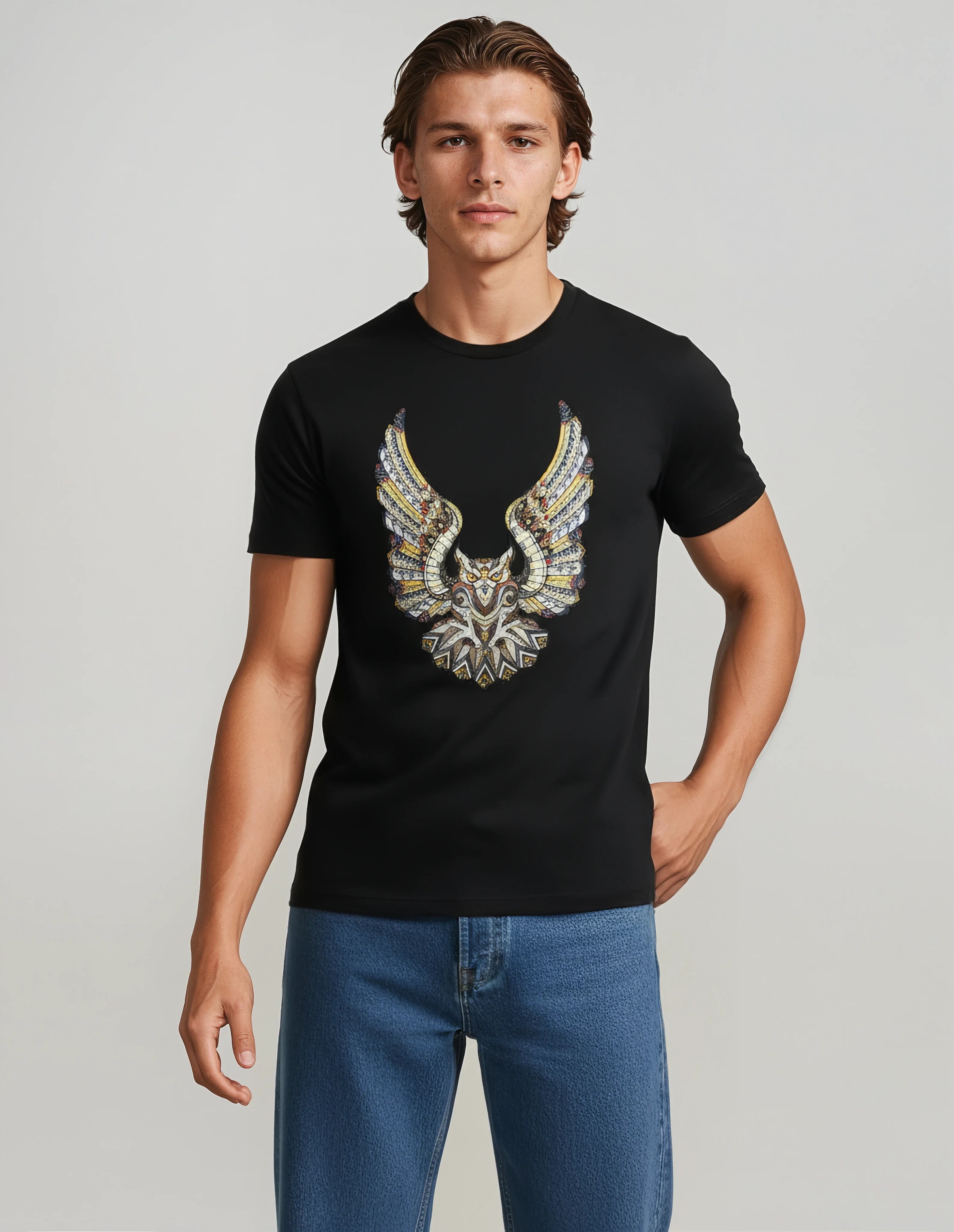 Owl Motif Tee | Soft & Breathable Black Cotton T-Shirt