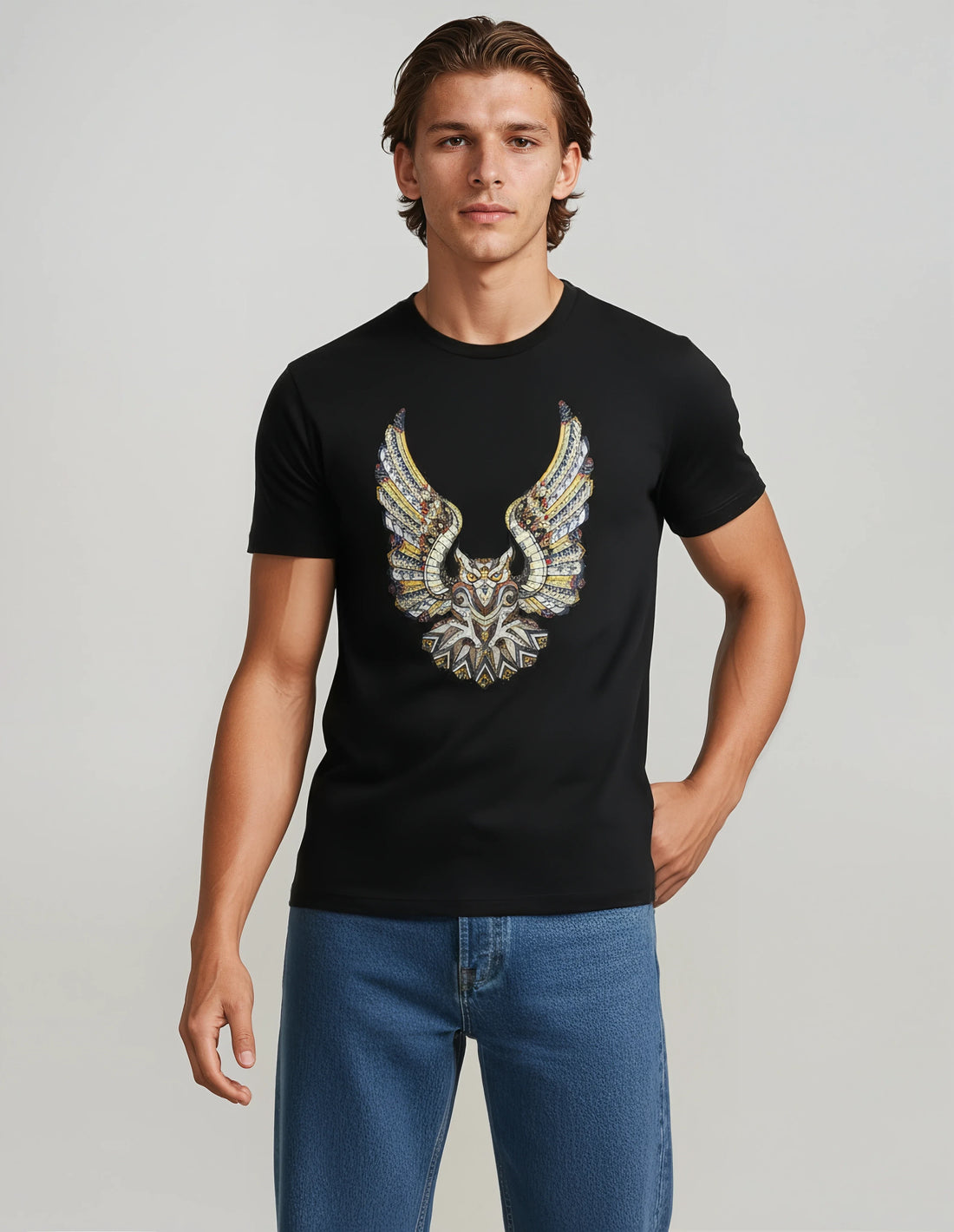 Owl Motif Tee | Soft & Breathable Black Cotton T-Shirt