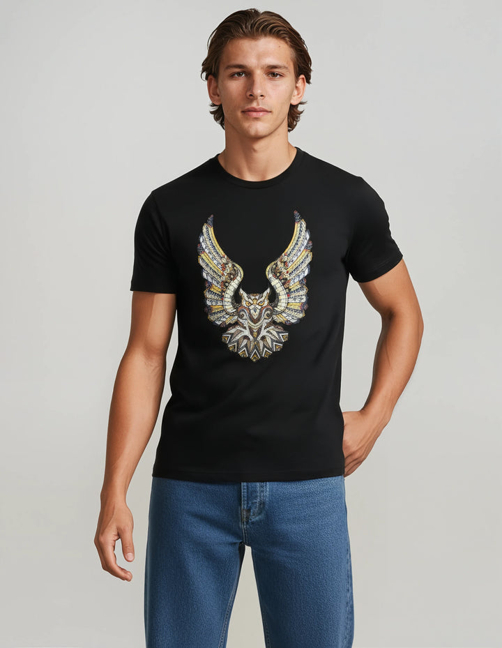 Owl Motif Tee | Soft & Breathable Black Cotton T-Shirt