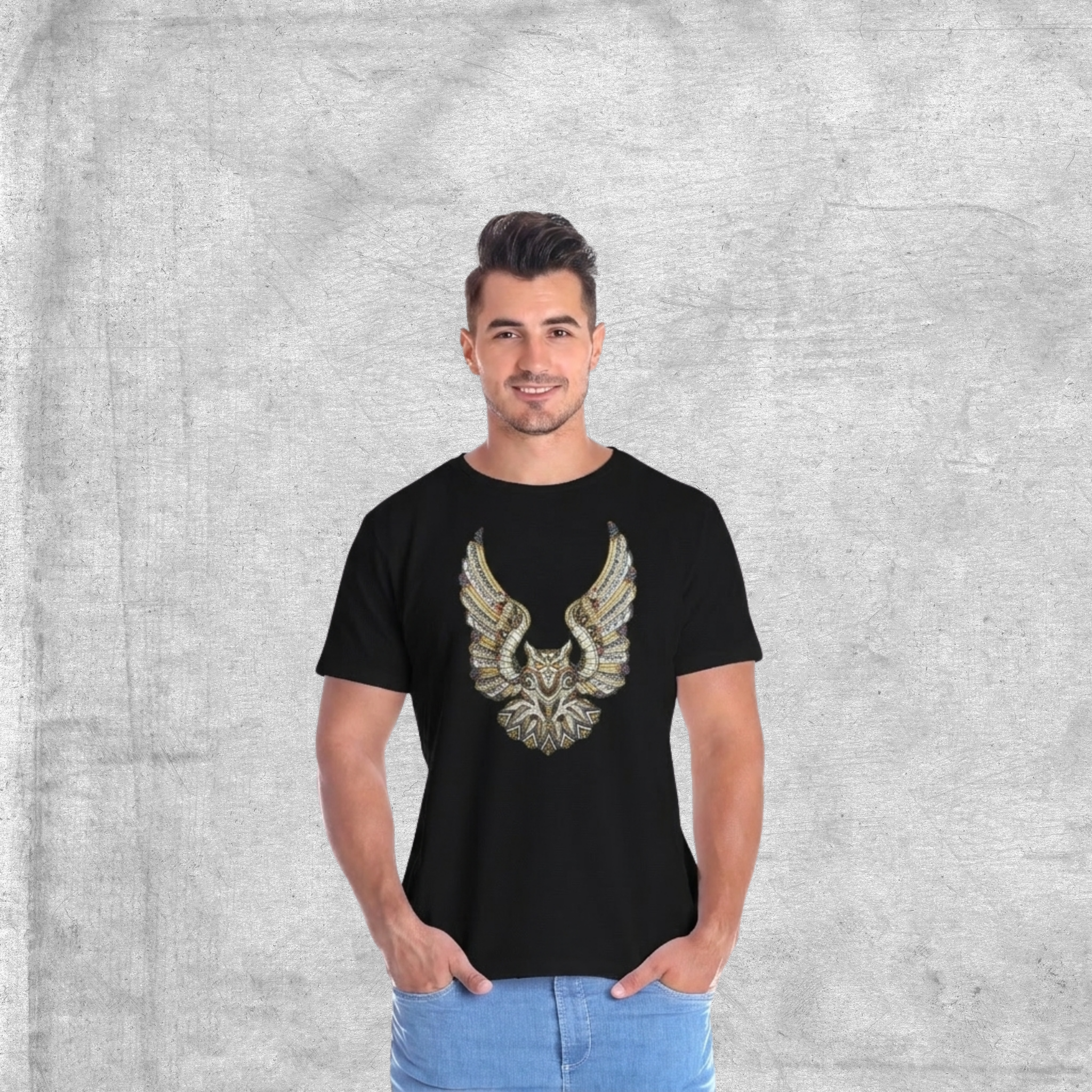 Man Wearing Owl Motif Tee - Black By AREE Apparel Australian Streetwear Brand