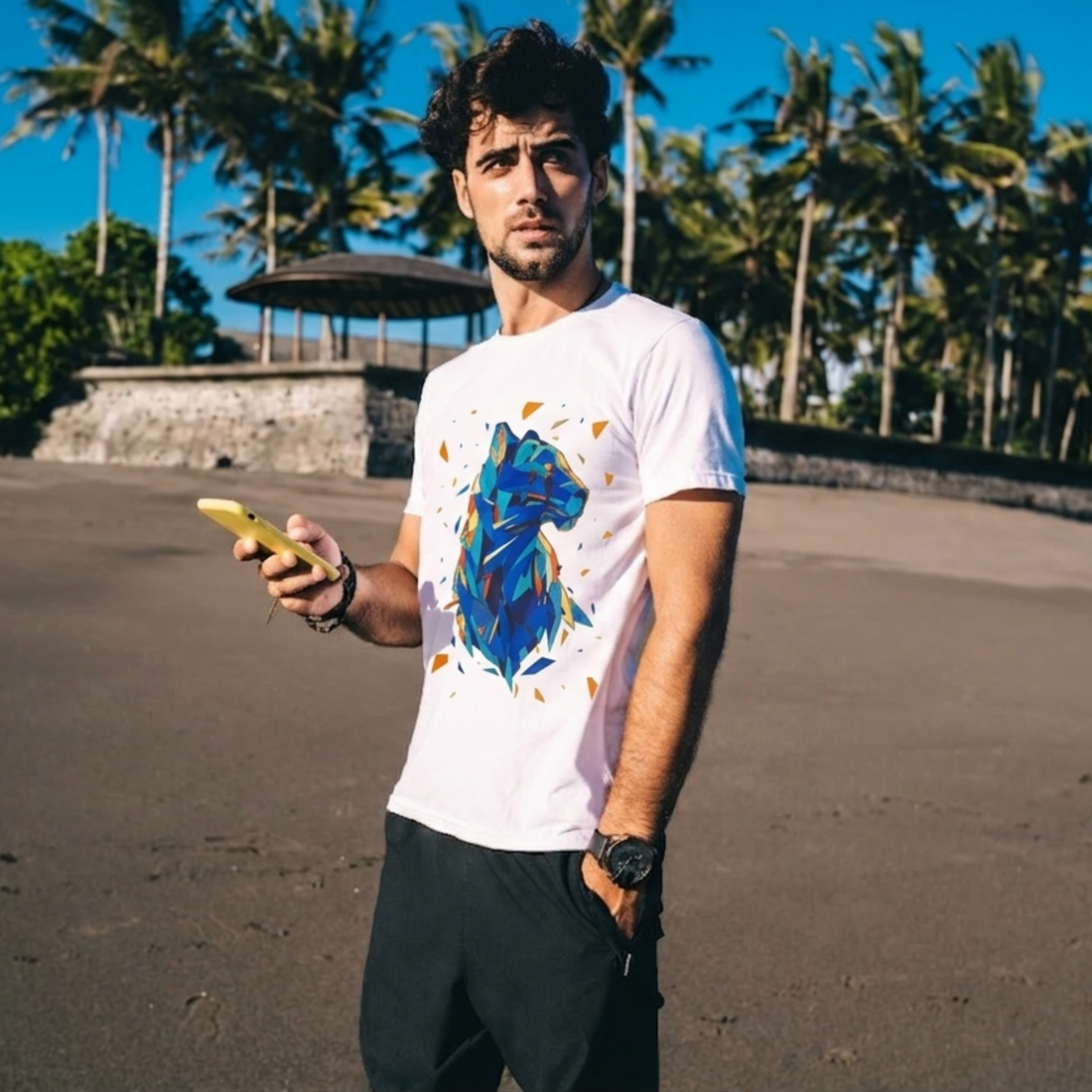 Men On A Beach Wearing Owl Motif Men Tee White by AREE Apparel Streetwear Style