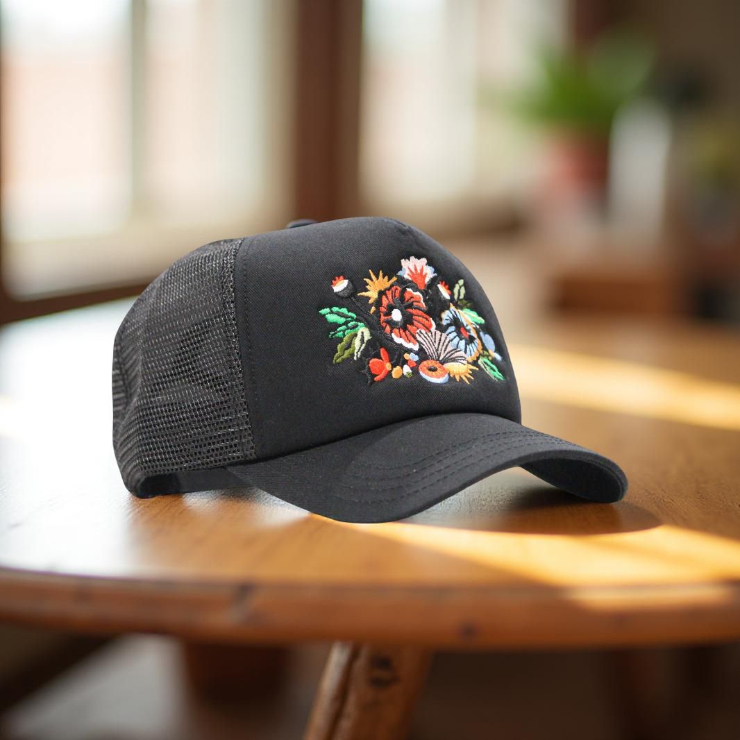 Floral Trucker Cap Black Mesh: Floral Embroidery Design