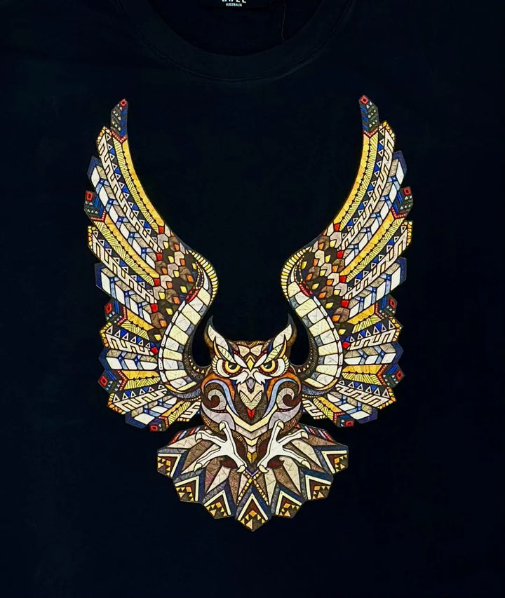 Owl Motif Tee - Soft & Breathable Black Cotton T-Shirt