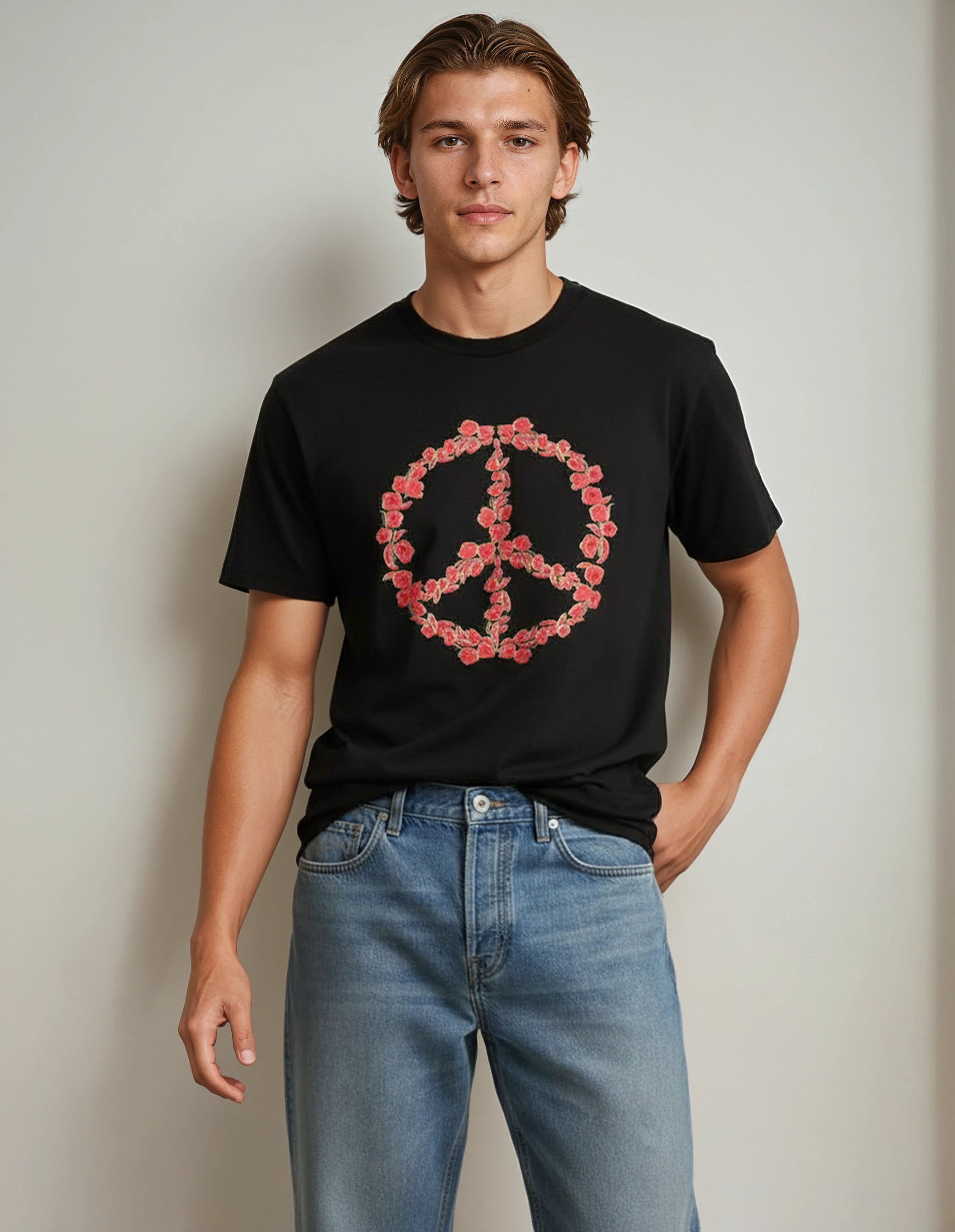 Floral Peace Emblem Tee  Organic Cotton Black T-Shirt