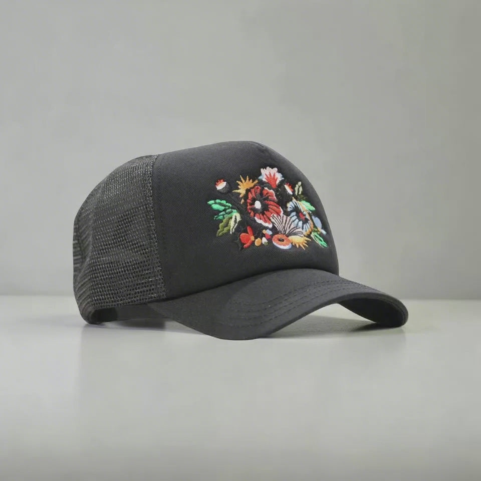 Floral Artwork Trucker Cap – Black Mesh